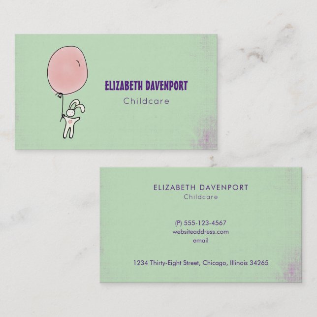 Carte De Visite Joli lapin tenant un ballon (Devant / Derrière)