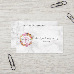 Carte De Visite Joli Monogramme de couronne de fleurs rose