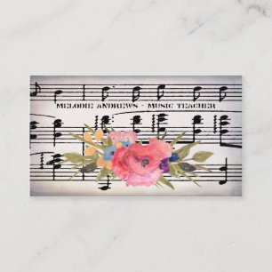 Carte De Visite Joli professeur de piano floral Vintage feuille de