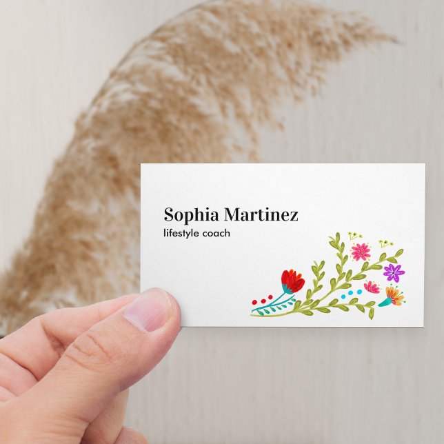 Carte De Visite Jolie Fiesta Floral Bouquet White Médias sociaux (Horizontal Business Card with fiesta floral bouquet)