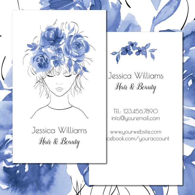 Carte De Visite Jolie jolie fille à l'aquarelle bleue rose-Floral (Créateur téléchargé)