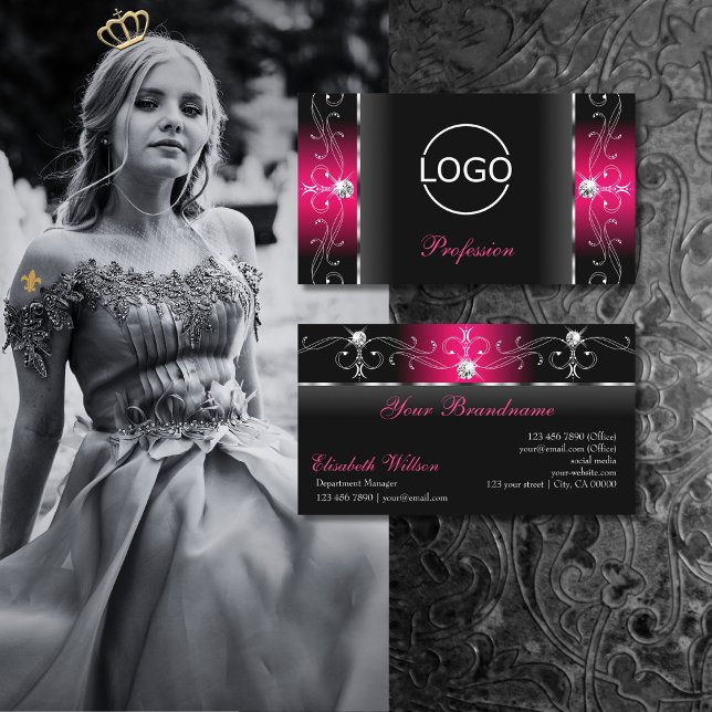 Carte De Visite Joyaux en crosse noir et rose luxueux ajouter logo (Créateur téléchargé)