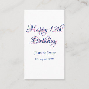 Carte De Visite joyeux 12ème anniversaire bleu rose nom date simpl
