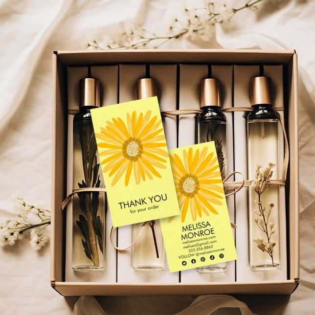 Carte De Visite Joyeux Jaune Daisy Order Merci Icônes sociales (Happy yellow daisy custom thank you note business card with social media icons)