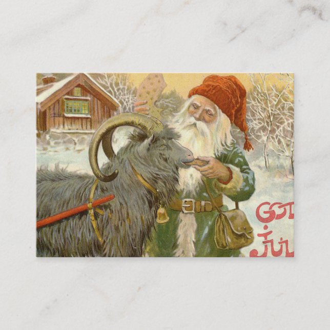 Carte De Visite Jultomten nourrit Yule Chèvre un biscuit (Devant)