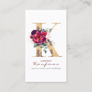 Carte De Visite K Monogramme Bourgogne Flore rouge et Parties scin