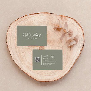 Carte De Visite Khaki vert moderne script minimal QR CODE