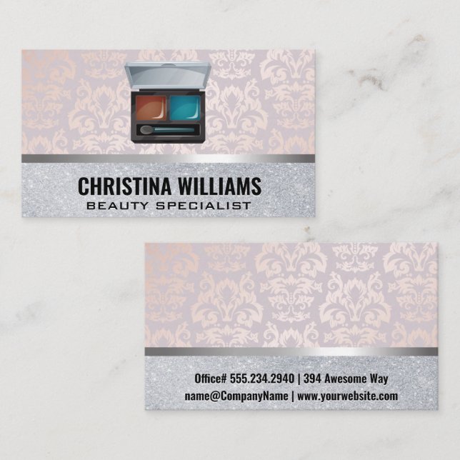 Carte De Visite Kit maquillage | Damask Parties scintillant and Me (Devant / Derrière)