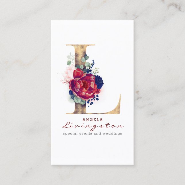 Carte De Visite L Monogram Burgundy Gold et Navy Blue Floral (Devant)