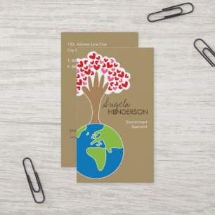 Carte De Visite La main de la Terre et Coeurs rouges et roses Arbr