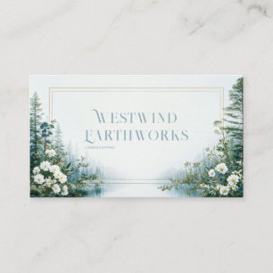 Carte De Visite Lac de forêt brumeux éthéré cadre floral blanc or