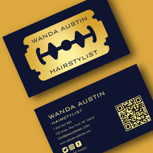 Carte De Visite Lame de rasoir de coiffeur Navy et Or Code Qr
