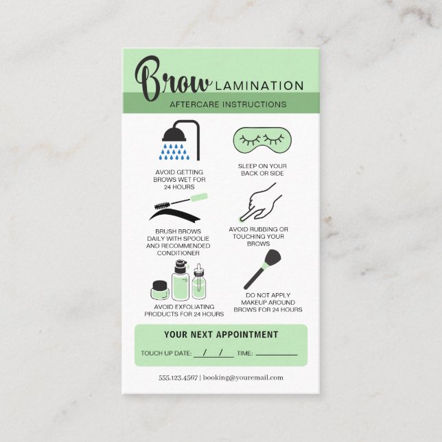 Carte De Visite Lamination des sourcils Instructions de soins post (Devant)