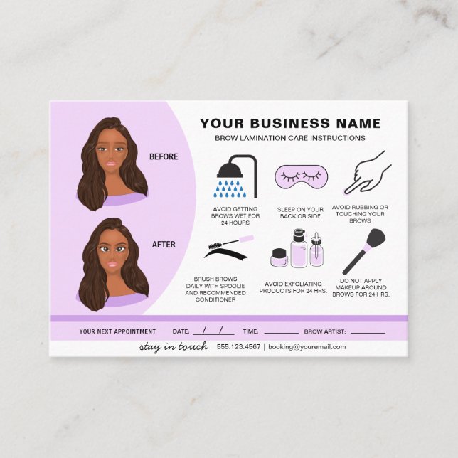 Carte De Visite Lamination des sourcils Instructions de soins post (Devant)