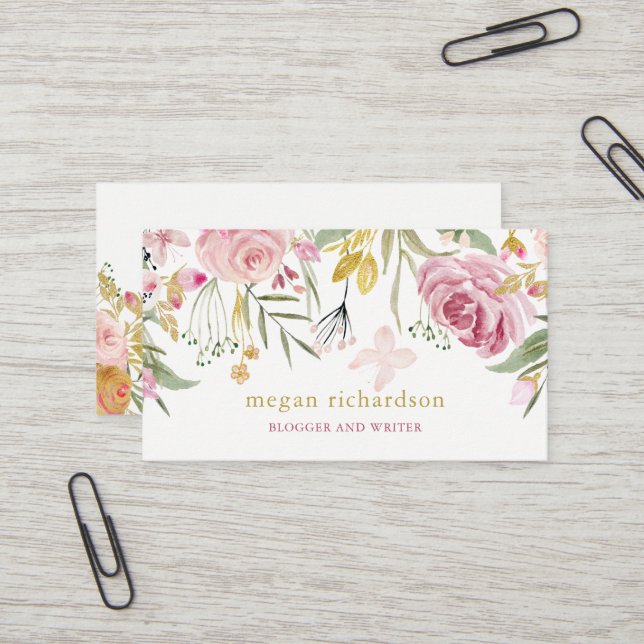 Carte De Visite L'aquarelle fleurit rose et or de | floraux (Devant/Arrière en situation)