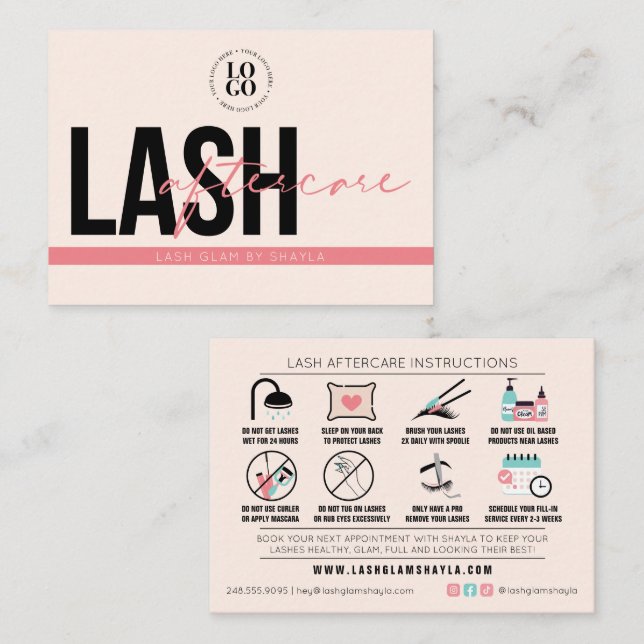 Carte De Visite Lash Instructions de soins postérieurs Extensions  (Devant / Derrière)