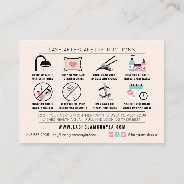 Carte De Visite Lash Instructions de soins postérieurs Extensions  (Dos)