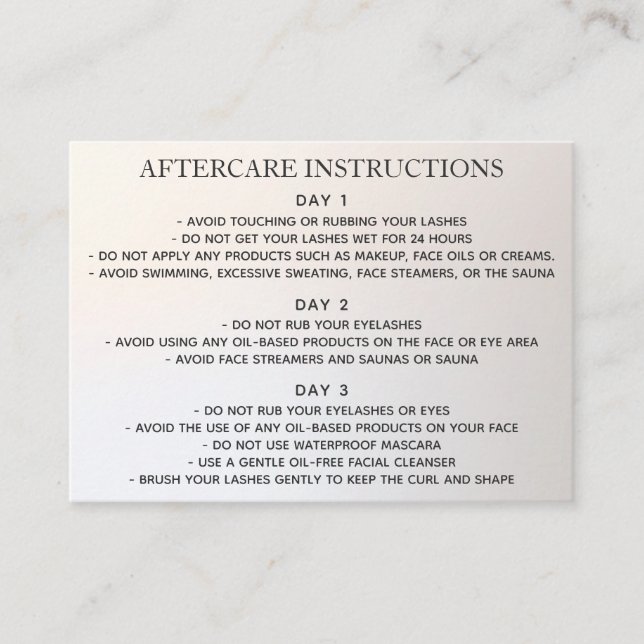 Carte De Visite Lash Lift and Tinting Afcare Instructions (Devant)