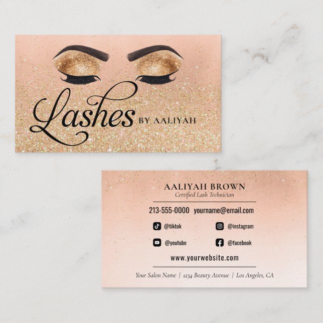 Carte De Visite Lash Tech Gold Glam Parties scintillant Eyes Beaut (Devant / Derrière)
