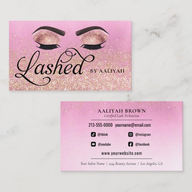 Carte De Visite Lash Tech Pink Glam Gold Parties scintillant yeux (Devant / Derrière)
