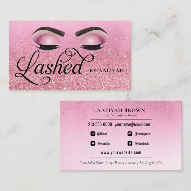 Carte De Visite Lash Tech Rose Red Pink Glam Parties scintillant y (Devant / Derrière)