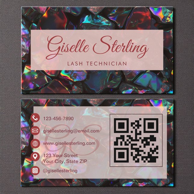 Carte De Visite Lash Technicien Black Opal Gemstone QR Code (Créateur téléchargé)