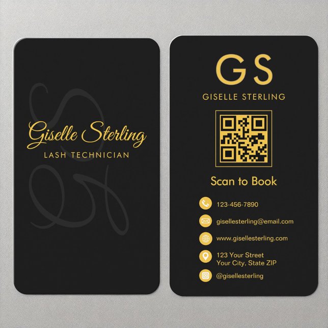 Carte De Visite Lash Technicien Monogramme Black Gold QR Code Beau (Créateur téléchargé)