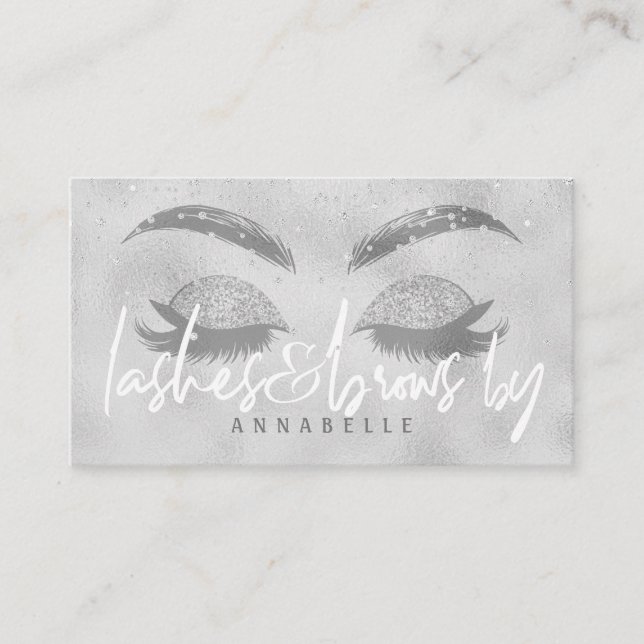 Carte De Visite Lashes et sourcils de salon blanc argent (Devant)