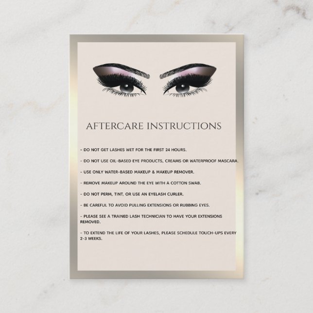 Carte De Visite Lashes Extension Aftercare Instructions luxe (Devant)