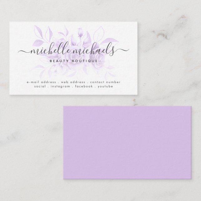 Carte De Visite Lavande Purple Floral Script minimal moderne  (Devant / Derrière)