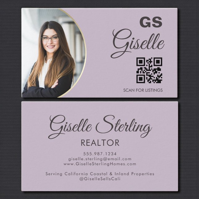Carte De Visite Lavender Purple Photo Monogram Realtor QR Code  (Créateur téléchargé)