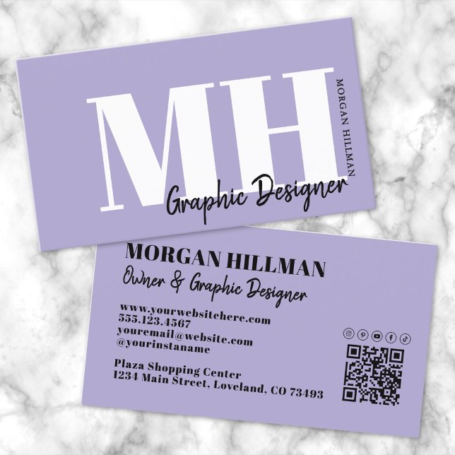Carte De Visite Lavender QR Code Violet Monogramme (Lavender QR Code Purple Monogram Business Card )