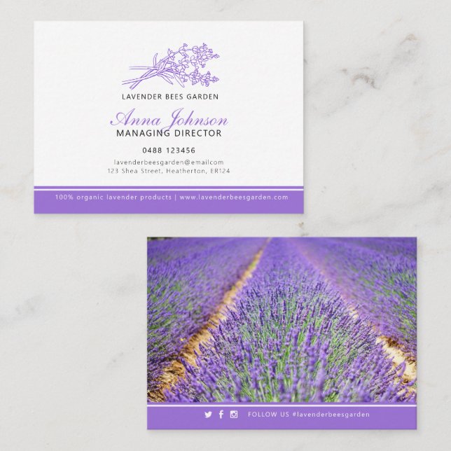 Carte De Visite Lavender violet entreprise photo paysage personnal (Devant / Derrière)
