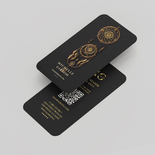 Carte De Visite Lecteur de Tarot moderne Monogramme spirituel Blac (Modern Tarot Dream Catcher Monogram Black Gold Business Card
)
