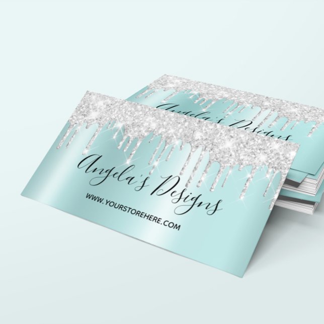 Carte De Visite Lecteurs de Parties scintillant argenté brillant O (Sparkly Silver Glitter Drips Light Turquoise Ombre Business Card)