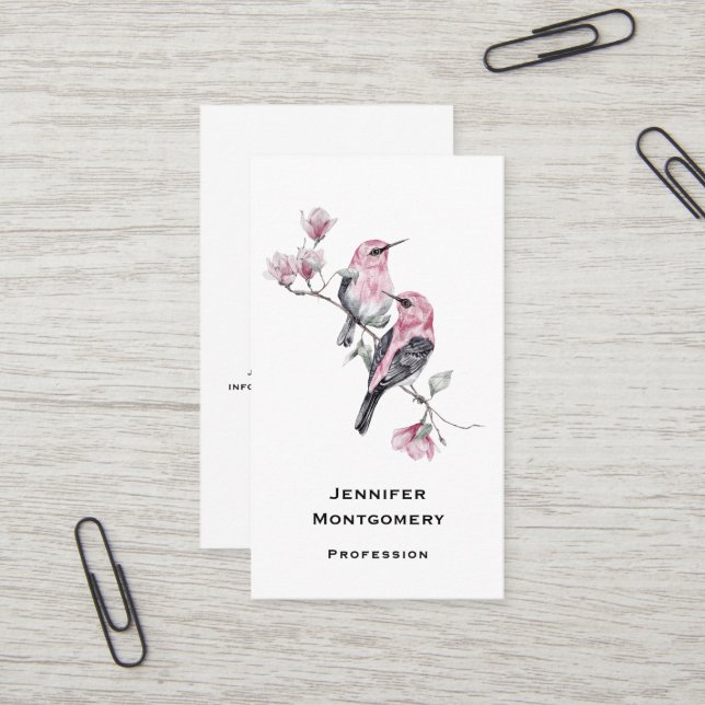 Carte De Visite Les oiseaux chanteurs roses sur une branche d'arbr (Devant/Arrière en situation)