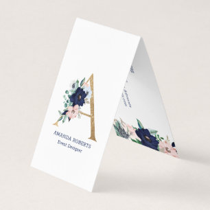 Carte De Visite Lettre A fleurs de marina bleu marine et rose