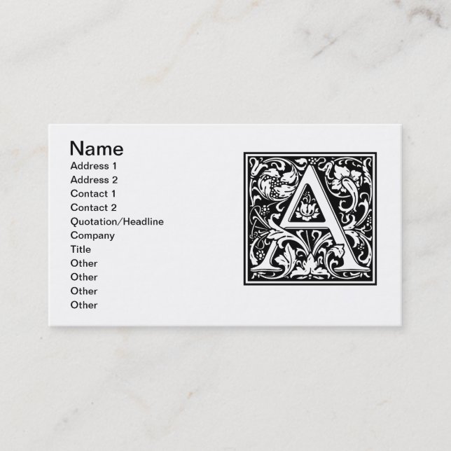 Carte De Visite Lettre A Monogramme Médiéval Art Nouveau (Devant)