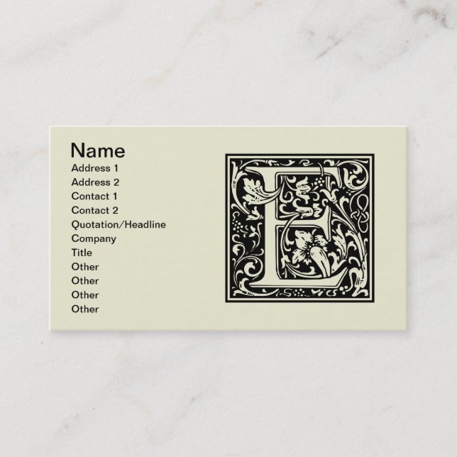 Carte De Visite Lettre E Monogramme médiéval Art Nouveau (Devant)