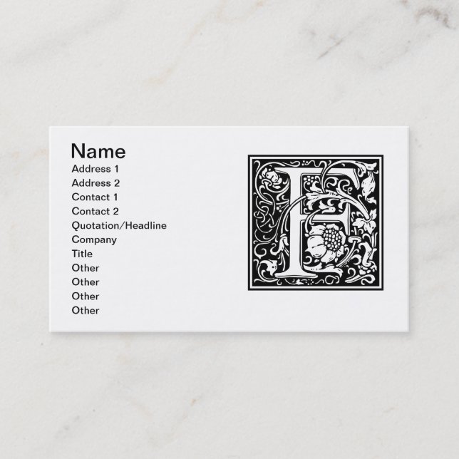 Carte De Visite Lettre F Monogramme médiéval Art Nouveau (Devant)