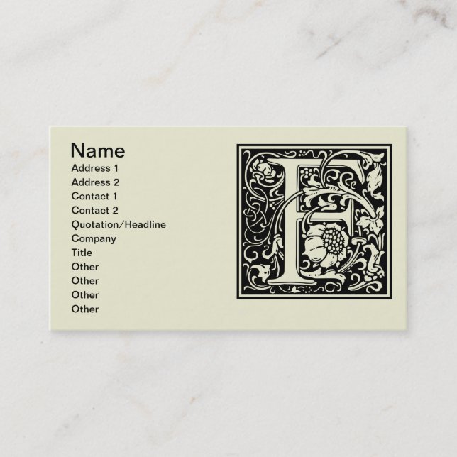 Carte De Visite Lettre F Monogramme médiéval Art Nouveau (Devant)