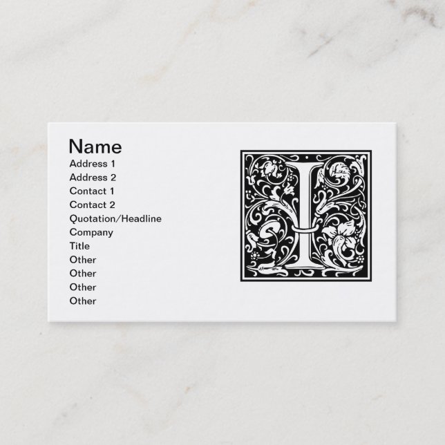 Carte De Visite Lettre I Monogramme médiéval Art Nouveau (Devant)