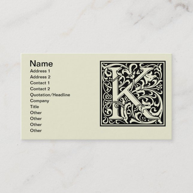 Carte De Visite Lettre K Monogramme médiéval Art Nouveau (Devant)