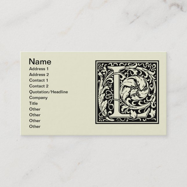 Carte De Visite Lettre L Monogramme médiéval Art Nouveau (Devant)