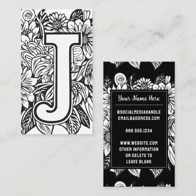 Carte De Visite Lettre monogramme J Fleur florale noire et blanche (Devant / Derrière)