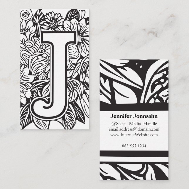 Carte De Visite Lettre monogramme J Simple Floral Noir et Blanc (Devant / Derrière)