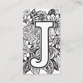 Carte De Visite Lettre monogramme J Simple Floral noir et blanc