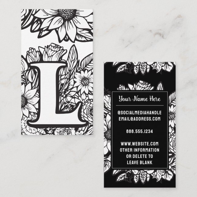 Carte De Visite Lettre monogramme L Fleur florale noire et blanche (Devant / Derrière)