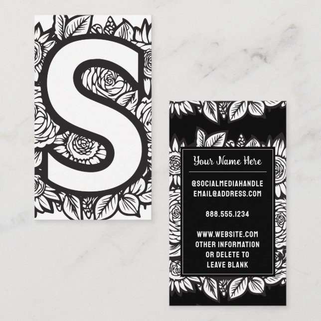 Carte De Visite Lettre monogramme S Fleur florale noire et blanche (Devant / Derrière)