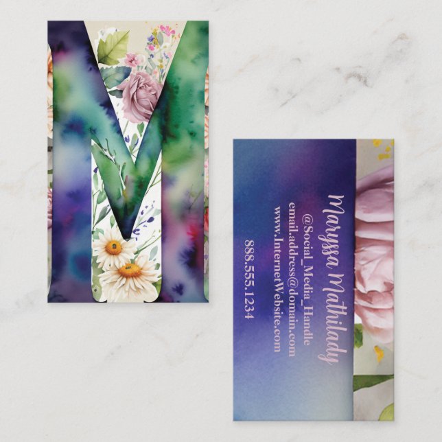 Carte De Visite LETTRE MONOMOBILE M Aquarelle Florale Chic Simple (Devant / Derrière)